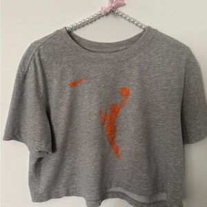 Nike Gray Cropped Tee with Orange Swoosh and Graphic